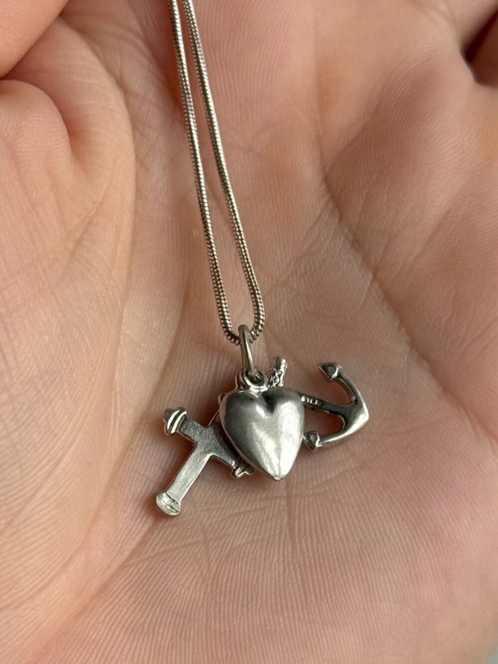Sterling 925 Christian Love Faith Hope Pendant Charms Snake Chain 18.5" Necklace